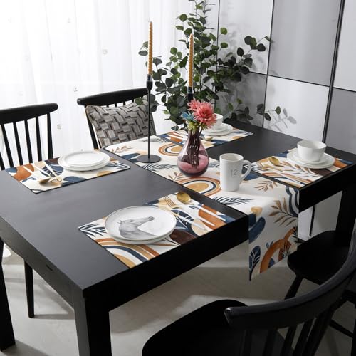 Table Runner and Placemats Set of 4 Bohemian Abstract Leaves Decorative Dining Table Runner with Matching Placemats Modern Art Table Decor for Kitchen Dining Room and Everyday Use 13x70in - size: 13"x70"+4pcs