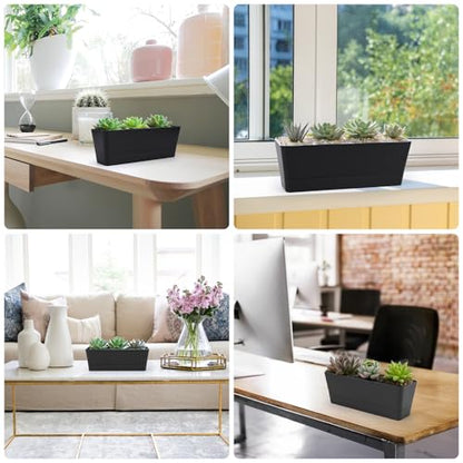 GREANER 16x3.8 Inch Herb Window Boxes 1PCS, Black Planter with Removable Trays and Drainage Holes, Succulent Flower Rectangular Plastic Pot for Balcony, Office, Windowsill, Garden, Indoor Outdoor Use - size: 1Pack/16x3.8in-black