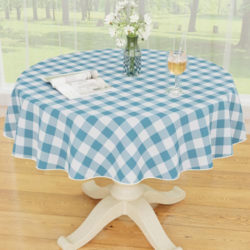 Smiry Plastic Table Cloth, Waterproof Vinyl Tablecloth with Flannel Backing, Wipeable Buffalo Plaid Table Cover for Picnic, Indoor and Outdoor (Aquamarine & White, 60" Round) - color: Aquamarine & White, size: 60" (Round)
