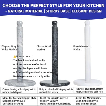 Natural Marble Paper Towel Holder for Kitchen Countertop - 2.6 lbs Heavy Duty Weighted Base for One-Handed Tearing -Fits Extra-Large & Jumbo Rolls - Elegant Modern Design with Ball Top - Black - color: Black & Grey