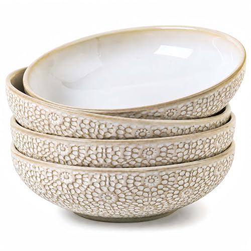 8" Ceramic Pasta Bowls, 22 Oz Serving Bowls Set of 4, Porcelain Shallow Soup Bowl, Embossed Serving Dishes for Pasta, Fruit, Salad, Housewarming Gift, Dishwasher Safe - color: Floral 4