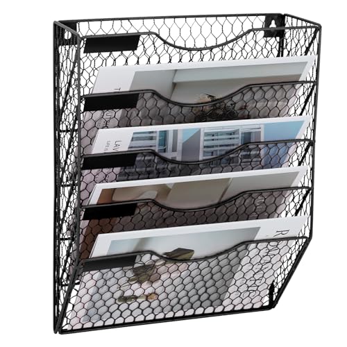 Mail Organizer Wall Mount, 5 Tier Metal Chicken Wire Hanging File Holder Office Storage and Organization - color: Black, size: 5 Tier