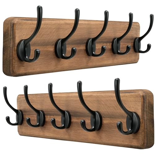 Wall Mounted Coat Rack: Patented, Heavy-Duty, 17.4" Long 5-Double-Hooks Wooden Hanger Rail for Winter Coats, Hat, Jacket, Clothing - Natural & Black, Pack of 2 - color: Natural & Black, size: L=17.4" (2pcs)