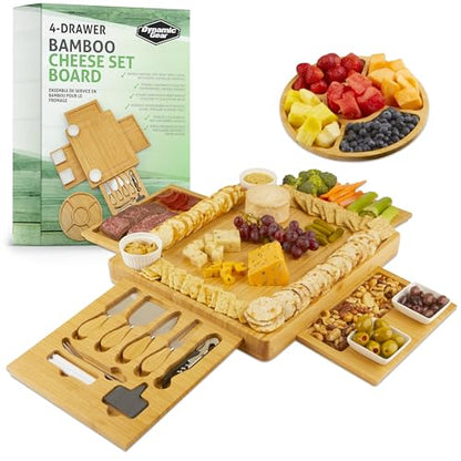 Dynamic Gear Charcuterie Board with Pull Out Drawers - Expandable Bamboo Cheese Board Set with Utensils, Bowls, Serving Trays, Utensil Drawer, and Appetizer Tray - Chic Charcuterie Boards with Drawers