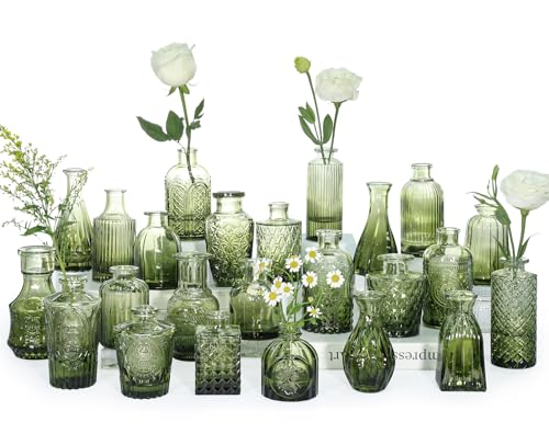 SUPMIND Glass Bud Vase Set of 24, Small Green Flower Vases for Centerpieces | Mini Vintage Vase for Wedding, Home Decor, Table Decoration, Baby Shower, Party Decor - color: Green, size: 24Pcs