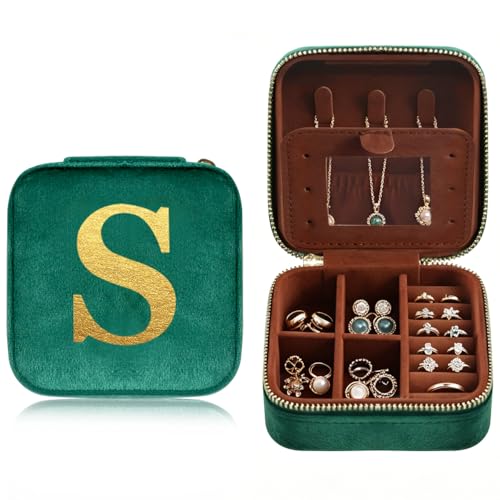 Personalized Jewelry Box Travel Jewelry Case For Women Vintage Green Plush Velvet Gifts For Family Member Friends For Carrying During Short Trips Business Trips Travel Essentials Letter S - color: S