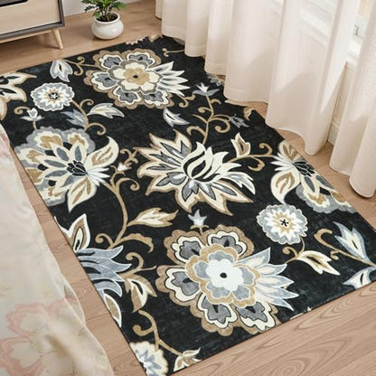 Lahome Floral Washable Living Room Area Rug - 3x5 Non-Slip Low-Pile Rugs for Entryway, Throw Small Stain Resistant Kitchen Rugs Soft Black Paisley Print Carpet for Office Bedroom Laundry Room Office | Low-Pile Small Stain Resistant Kitchen Rug, Soft Black