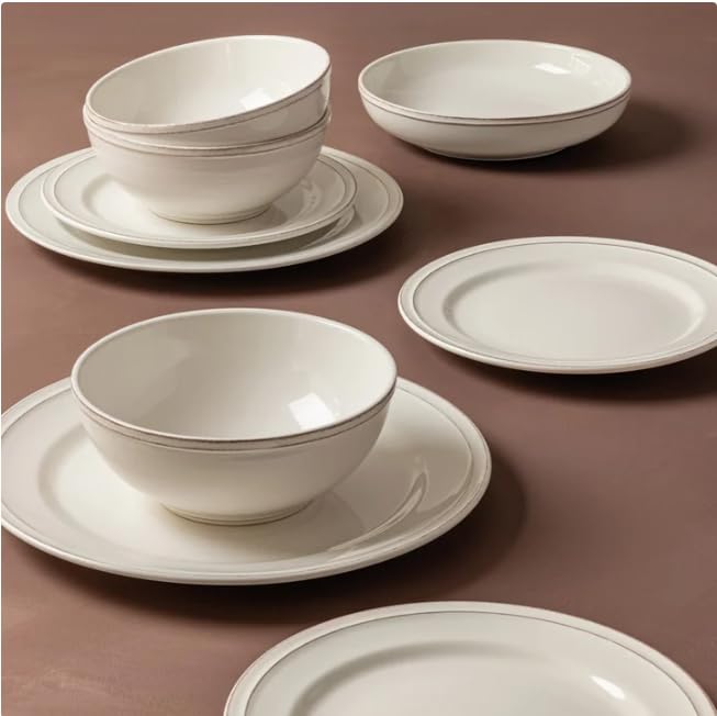 Over&back Lake Como 16 Piece Dinnerware Set Ivory – Premium Stoneware Dishes – Service for 4 – Includes Dinner Plates, Salad Plates, Bowls – Reactive Glaze Finish – Microwave & Dishwasher Safe