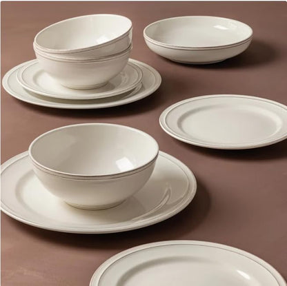 Over&back Lake Como 16 Piece Dinnerware Set Ivory – Premium Stoneware Dishes – Service for 4 – Includes Dinner Plates, Salad Plates, Bowls – Reactive Glaze Finish – Microwave & Dishwasher Safe