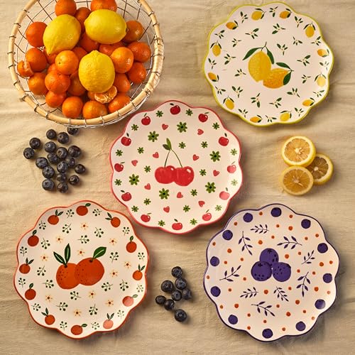 Bico Fruit Pop Scalloped Salad Plates Set of 4, 8.75 Inch Ceramic Dessert Plates for Salad, Appetizer, Side Dishes, Microwave and Dishwasher Safe, Gift for Housewarming and Thanksgiving - color: Fruit Pop