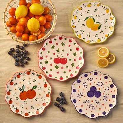 Bico Fruit Pop Scalloped Salad Plates Set of 4, 8.75 Inch Ceramic Dessert Plates for Salad, Appetizer, Side Dishes, Microwave and Dishwasher Safe, Gift for Housewarming and Thanksgiving - color: Fruit Pop