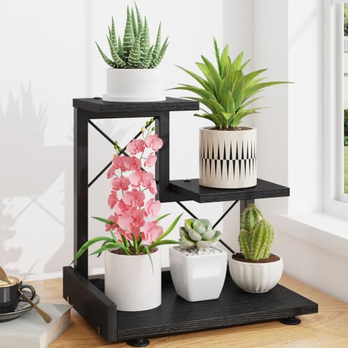 LASZOLA Plant Stand Indoor Tabletop Small for Desk, 3 Tier Wooden Black | Corner Shelf for Succulents, Countertop Flower Holder Display Rack Organizer for Office Kitchen Decor, Desk Accessories - color: Black