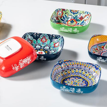 HENXFEN LEAD Boho Ceramic Square Bowls – 20 oz Colorful Bowls for Snacks, Dessert, Side Dishes, Pasta - 6 Inches Appetizer Plates Set of 6, Microwave & Dishwasher Safe - size: 20 Oz