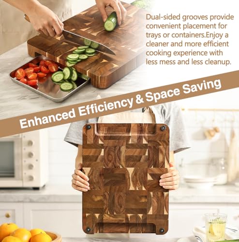 XINZUO Large Thick End Grain Acacia Wood Cutting Board -(16‘’L x 12''W x 1.6''T)-Dark Wood Cutting Board,Reversible Wooden Chopping Board with Non-Slip Feet-Catches Food and Waste-Giftbox - size: 16"L x 1"W
