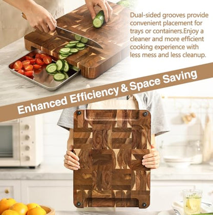XINZUO Large Thick End Grain Acacia Wood Cutting Board -(16‘’L x 12''W x 1.6''T)-Dark Wood Cutting Board,Reversible Wooden Chopping Board with Non-Slip Feet-Catches Food and Waste-Giftbox - size: 16"L x 1"W