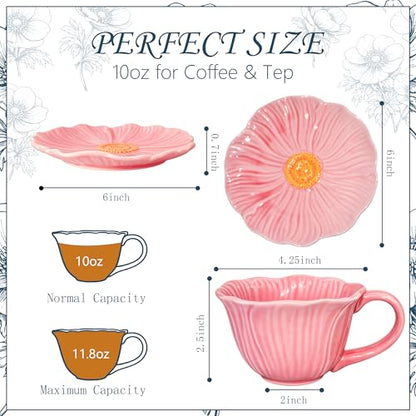10 oz Tea Cups and Saucers, Hand-Painted Ceramic Flower-Shaped Coffee Cup | Saucer Set, Microwave & Dishwasher Safe, Elegant Floral Cup Set Gift for Women - color: Pink