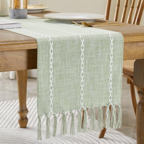 Wracra Rustic Linen Table Runner, Sage Green Table Runners 36 inches Long | Raised Embroidered Design and Hand-Tassels;Cotton Linen Woven Fabric; Farmhouse Table Runner;Home Kitchen Dining Decor - color: Desert Sage, size: 13"×36"