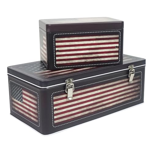 DreamsEden Tin Metal Keepsake Boxes, Vintage American Flag Decorative Storage Box with Lid for Keepsakes Memory Seed Tea Container, Set of 2 - color: US Flag
