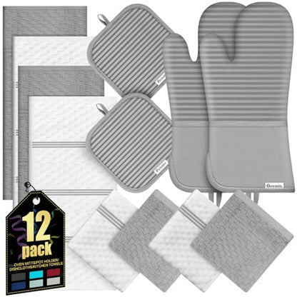 Oven Mitts Kitchen Towels and Dishcloths with Pot Holders Sets, Oven Gloves Hot Pads 500°F Heat Resistant with Silicone Grip, Include 2 Cooking Gloves/2 Potholders/4 Kitchen Towels/4 Dish Towels-Gray - color: Gray