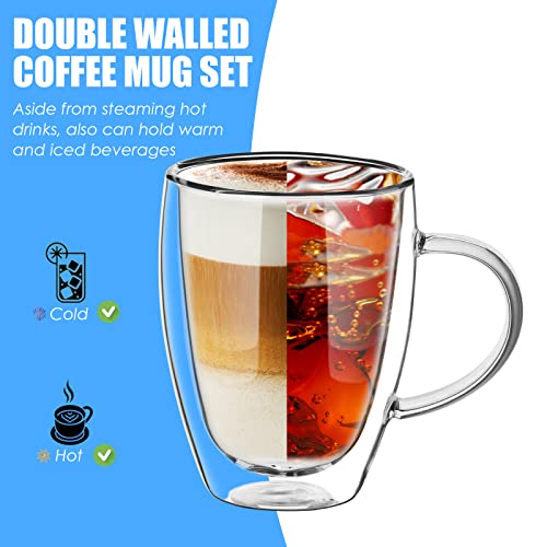 12 oz/350ml Double Walled Glass Coffee Mugs, Glass Coffee Cups Set of 4, Insulated Borosilicate Clear Glasses, Espresso Cappuccino Latte Tea Cups with Handle for Latte, Hot/Cold Drink - size: 12 oz/350ml