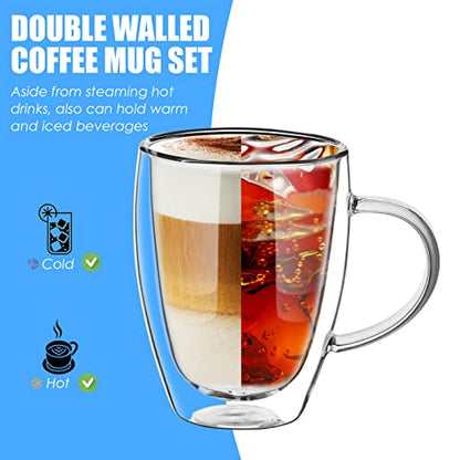 12 oz/350ml Double Walled Glass Coffee Mugs, Glass Coffee Cups Set of 4, Insulated Borosilicate Clear Glasses, Espresso Cappuccino Latte Tea Cups with Handle for Latte, Hot/Cold Drink - size: 12 oz/350ml