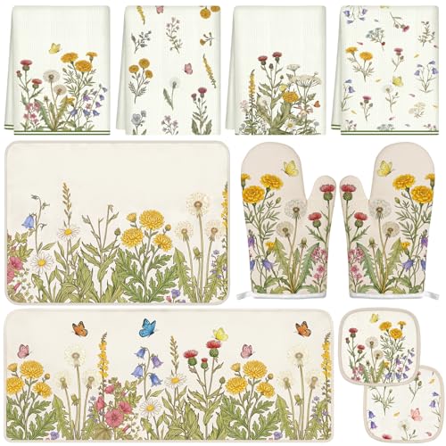 Tieshankao 10Pcs Wildflower Kitchen Decor Accessories Set | Green Wildflower Floral Theme, Kitchen Towels, Oven Mitts, Pot Holders, Rugs and Mats, Baking Supplies, Housewarming Gifts - color: Green