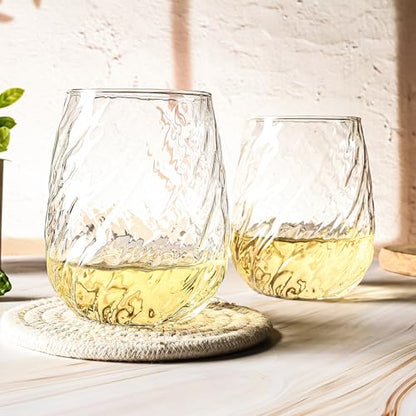 UMEIED Stemless Wine Glasses Set of 12, 17 oz Red White Wine Glasses | Clear Glassware Set for Red/White Wine Dishwasher Safe, Ideal for Daily Use Home Bar Birthdays Housewarming (Wave Texture) - color: Wave Texture