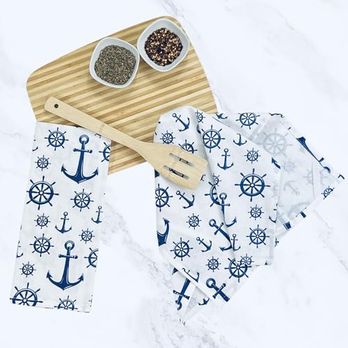 Summer Kitchen Dish Towel Set: Fun Nautical Anchor Captains Wheel Design, Set of 2 (Nautical) - color: Nautical
