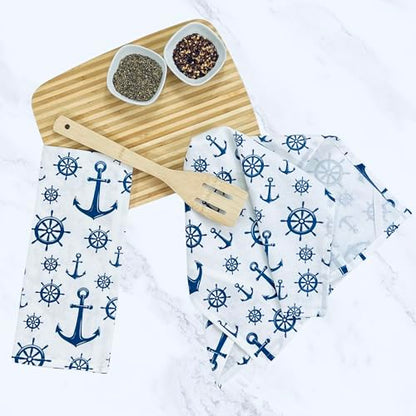 Summer Kitchen Dish Towel Set: Fun Nautical Anchor Captains Wheel Design, Set of 2 (Nautical) - color: Nautical