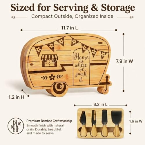 Foldable RV Charcuterie Boards Gift Set for Serving with Utensils | Happy Camper Bamboo Cutting Board, House Warming Gifts New Home, Wedding, Birthday & Bridal Shower Gifts for Women Couples - size: 11.7''L x 7.9''W