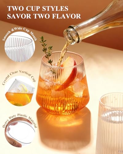 BESTSTAR 48 Pack Clear Disposable Ribbed Origami Ripple Plastic Glasses Set | 24 9OZ Stemless Champagne Flutes & 24 12OZ Cups, BPA-Free Shatterproof Clear Drinkware for Weddings, Parties & Events - color: Clear Ribbed