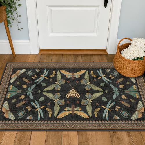 Small Black Entryway Runner Rug - 2x4 Front Door Rug Indoor Entrance, Small Waterproof Carpet for Kitchen Floor, Bathroom, Powder Room, Washable Low Pile Non Slip, Insect Print Multi Color Home Décor - color: Black / Multi, size: 2' x 4' (Rectangular)