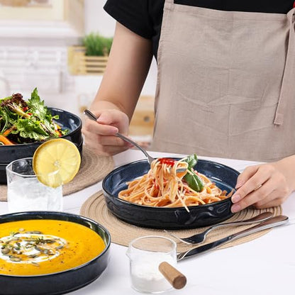 LIANYU 33oz Pasta Bowls Sets of 4, Wide Shallow Stoneware Dinner Plates | 8.25’’ Large Ceramic Serving Bowls for Salad, Noodles, Soup, Cereal, Microwave & Dishwasher Safe, Cetacean Blue - color: Cetacean Blue