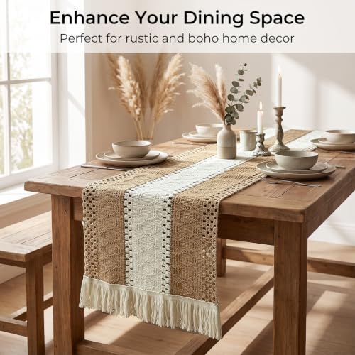 Textured Macramé Table Runner, Cotton and Jute Blend, 30 x 140 cm for Dining, Parties, and Everyday Home Décor (Textured Macramé Table Runner)