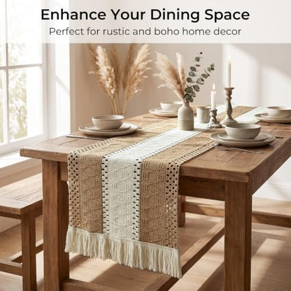 Textured Macramé Table Runner, Cotton and Jute Blend, 30 x 140 cm for Dining, Parties, and Everyday Home Décor (Textured Macramé Table Runner)