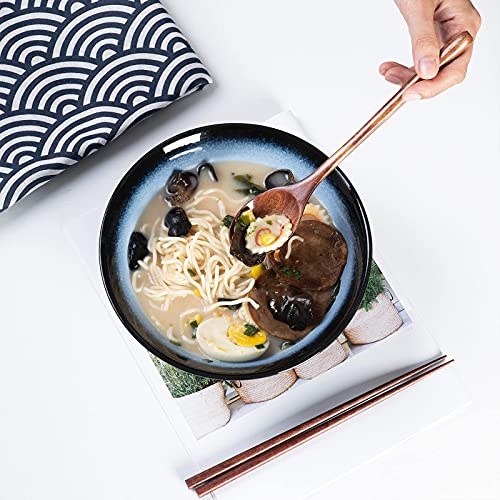 Ceramic Japanese Ramen Bowl Set, 2 Sets Asian Pho Udon Soup Noodle Bowls with Spoons and Chopsticks (Black/Blue, 8 inches) - color: Black/Blue
