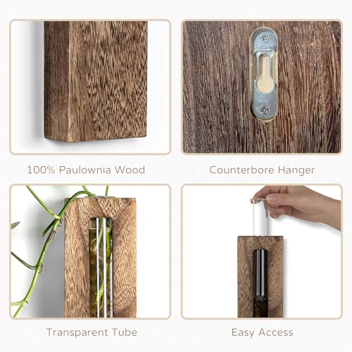Farmhouse Wall Plant Propagation Station with Glass Tubes | Wall-Mounted Wood Vase with Borosilicate Glass Tube, for Plant Cuttings, Pothos, Herbs and Air Plants, Farmhouse Display - color: Brown
