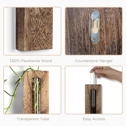 Farmhouse Wall Plant Propagation Station with Glass Tubes | Wall-Mounted Wood Vase with Borosilicate Glass Tube, for Plant Cuttings, Pothos, Herbs and Air Plants, Farmhouse Display - color: Brown