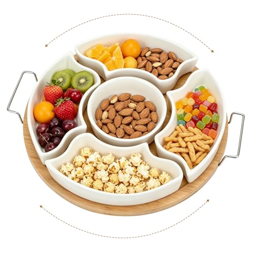 Ceramic Divided Serving Dishes with Bamboo Tray, 11.2 Inch | 360 Rotatable, Appetizer Serving Dish, For Chips & Dip