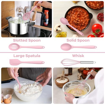 TeamFar Silicone Cooking Utensils Set, 8 PCS Kitchen Utensils Set, Pink | 446°F Heat Resistant Turner, Spatula, Spoon, Whisk, Kitchen Cooking Gadgets Tools, for Nonstick Cookware, Dishwasher Safe - color: Pink