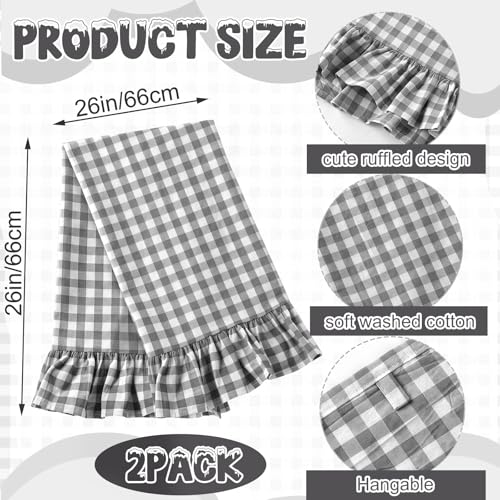 HunnmingRe Gray Kitchen Towels Set of 2, 100% Cotton Ruffled Gingham Dish Towels 18"x28" Tea Cloths Classic Plaid Pattern for Farmhouse Charm, Drying Dishes, Entertaining Guests - color: Gray, style: Gingham