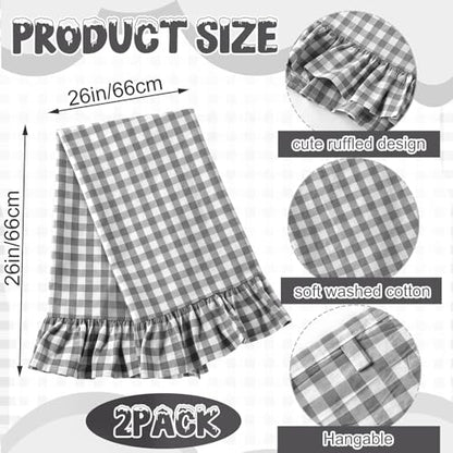 HunnmingRe Gray Kitchen Towels Set of 2, 100% Cotton Ruffled Gingham Dish Towels 18"x28" Tea Cloths Classic Plaid Pattern for Farmhouse Charm, Drying Dishes, Entertaining Guests - color: Gray, style: Gingham