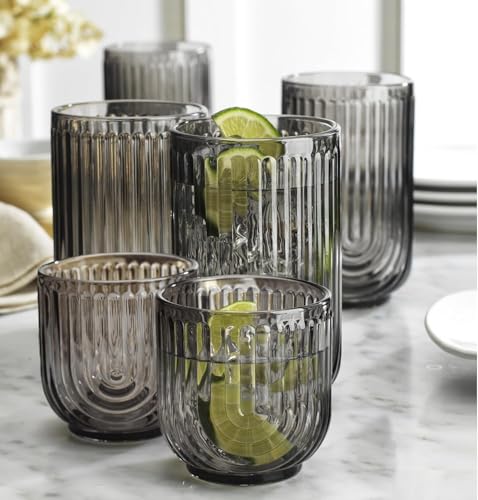 16 Piece Smoke Glassware Set, Beautiful Art Deco Black Drinking Glasses, Ribbed U-Shape Design, 8 Highball 17oz and 8 Whiskey 11oz DOF Handwash Only - style: Smoke S/16 17oz 11oz