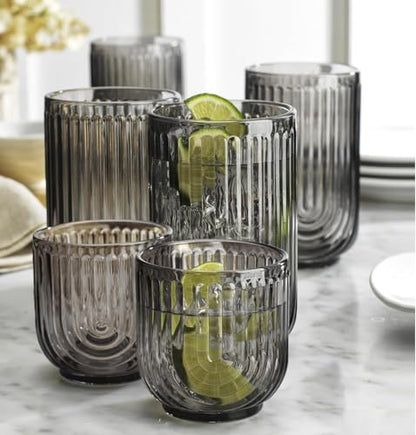 16 Piece Smoke Glassware Set, Beautiful Art Deco Black Drinking Glasses, Ribbed U-Shape Design, 8 Highball 17oz and 8 Whiskey 11oz DOF Handwash Only - style: Smoke S/16 17oz 11oz
