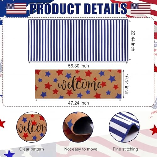 Tinideya 2 Pcs Long 4th of July Layered Outdoor Doormat 47"x17" 250th Anniversary Patriotic Star Coir Welcome Mat with Red White Blue Stripe Rug for Memorial Day Front Porch Entryway Home Decor - style: Stripe