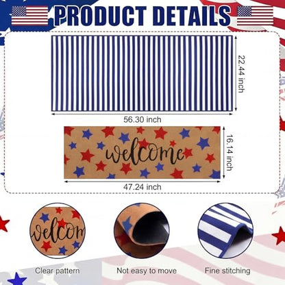 Tinideya 2 Pcs Long 4th of July Layered Outdoor Doormat 47"x17" 250th Anniversary Patriotic Star Coir Welcome Mat with Red White Blue Stripe Rug for Memorial Day Front Porch Entryway Home Decor - style: Stripe