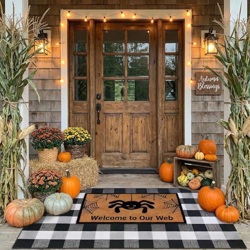 2 Pcs Halloween Coir Doormat for Porch 3' x 5' with Black & White Buffalo Plaid Rug, Layered Non Slip Welcome Mats for Halloween Front Door Porch & Entryway Indoor Outdoor Decor - color: Welcome to Our Web Black & White Plaid, size: 3' x 5' (Rectangular)