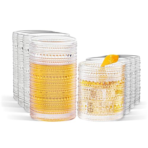 Vintage Hobnail Drinking Glasses Set of 8, 15oz & 12oz Embossed Highball Cups for Cocktails, Whiskey, Beer, Juice with Straws - color: Clear-8PCS