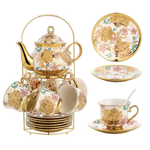 20 Pieces Porcelain Tea Set With Metal Holder, European Ceramic tea set for adults,Flower Tea Set,Tea Set For Women With Flower Painting - color: eel Yellow