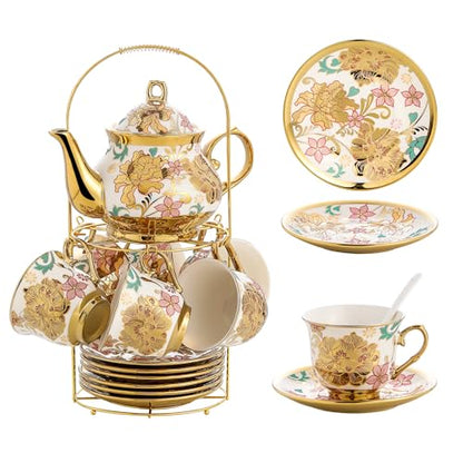 20 Pieces Porcelain Tea Set With Metal Holder, European Ceramic tea set for adults,Flower Tea Set,Tea Set For Women With Flower Painting - color: eel Yellow